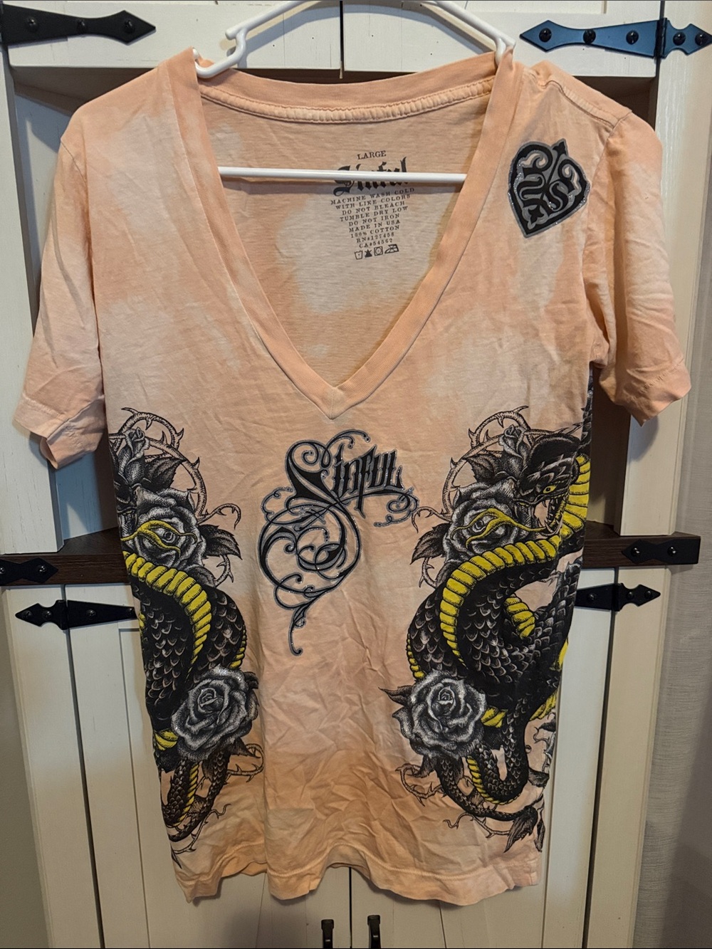 Peach V-Neck Graphic Sinful bling Snake Tee